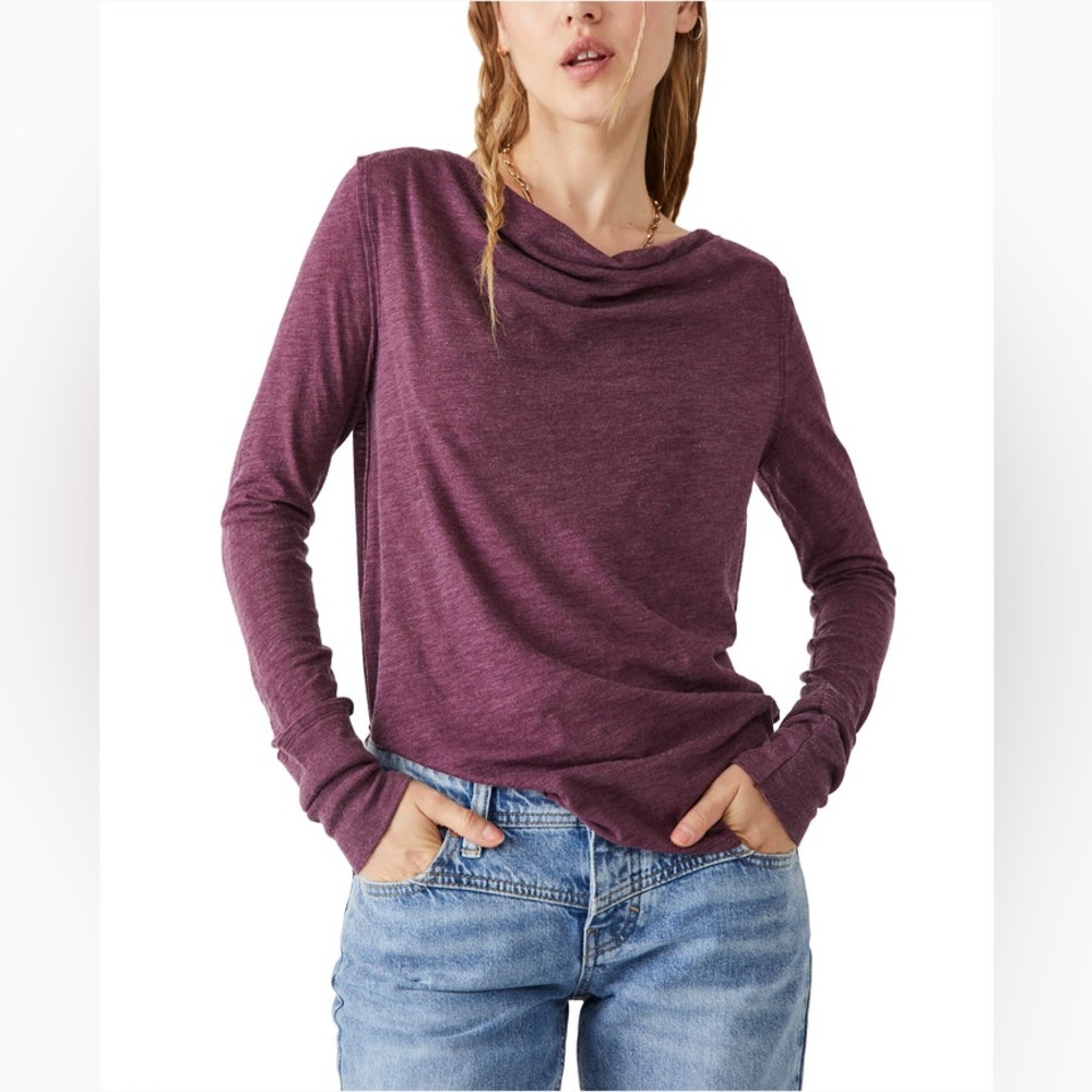 Free People Long Sleeve Draped Neck Top in Plum
